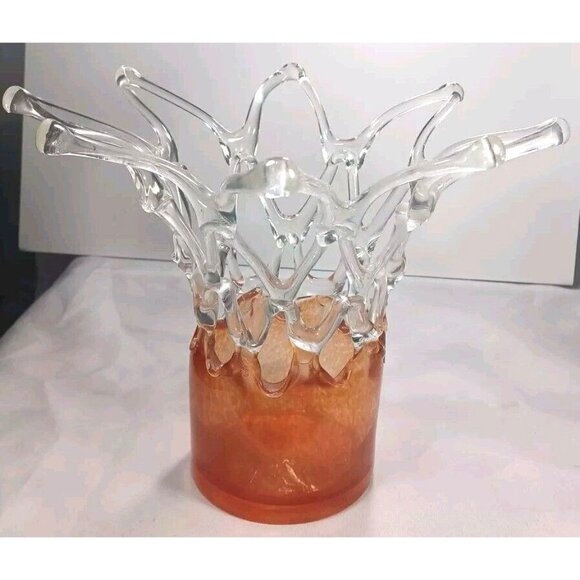 Josefina Krosno MCM Large 10 X 9 Orange Speckled Art Glass Vase Blown  Lattice - Picture 11 of 12